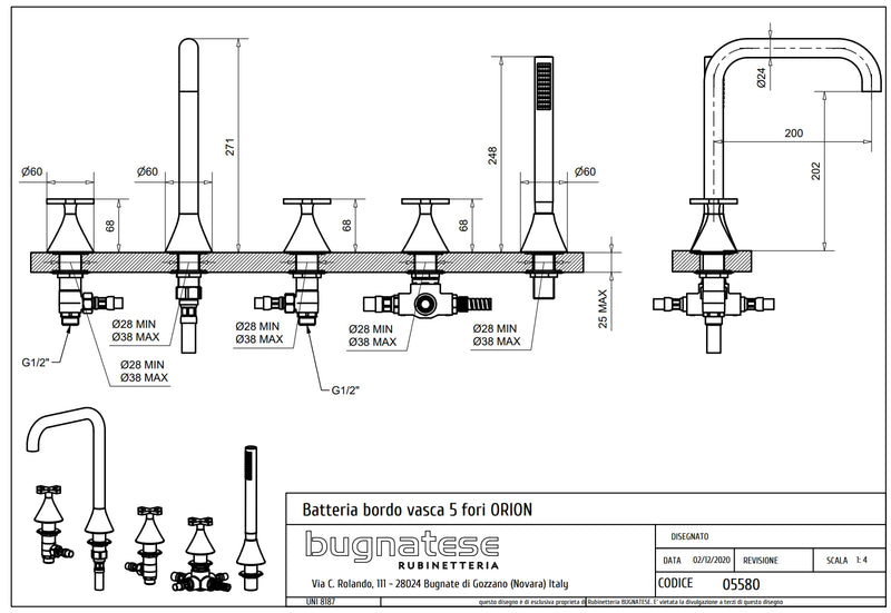 Technical Drawing for Bugnatese, Orion , Peremre szerelt 5 üléses kádcsaptelep – Fürdő – 5580
