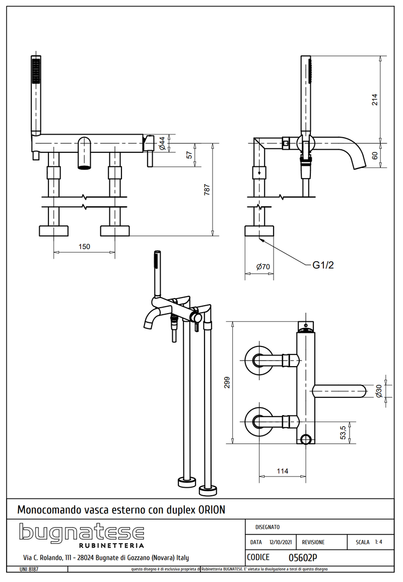 Technical Drawing for Bugnatese, Szabadonálló kádcsaptelep – Fürdő – 5602P