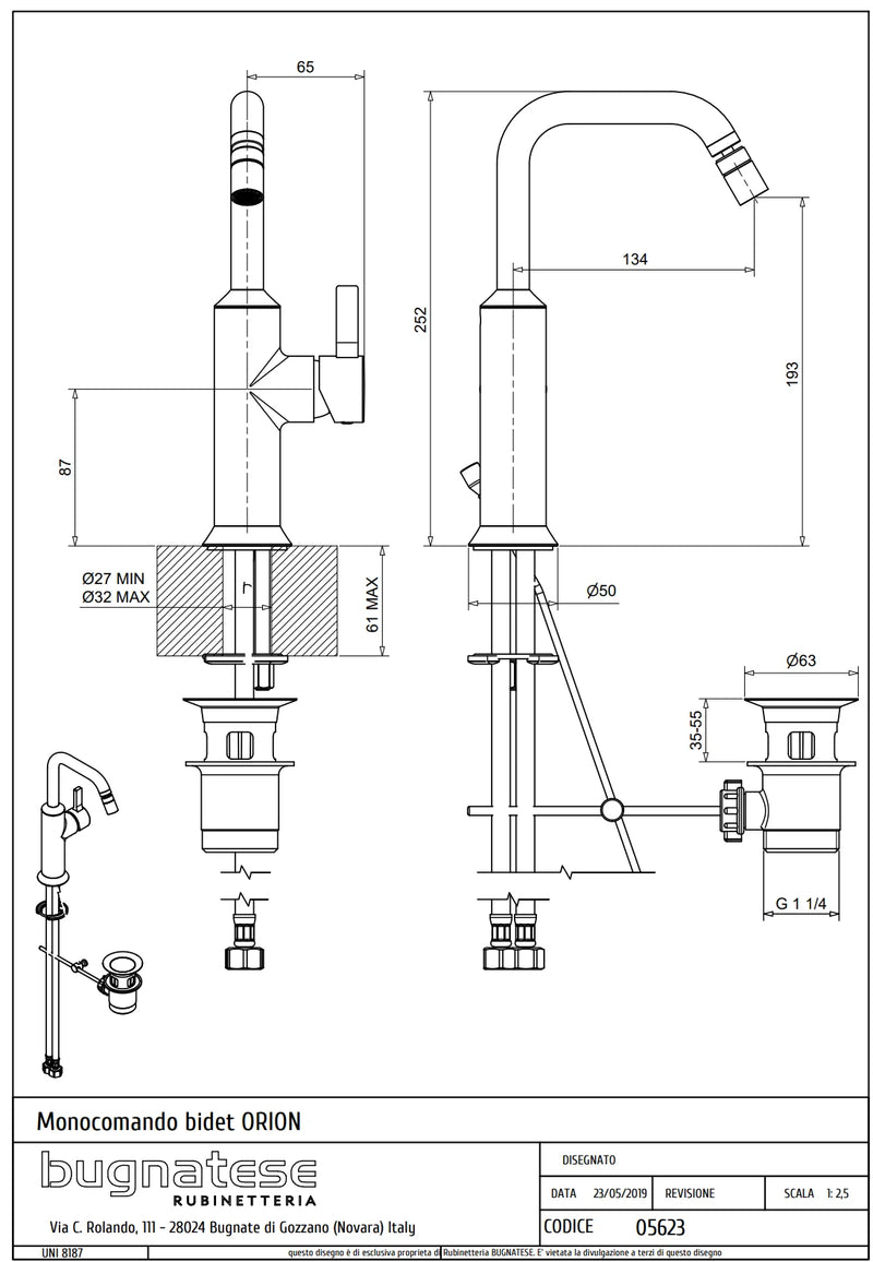 Technical Drawing for Bugnatese, Orion , Bidet csaptelep leeresztővel – Fürdő – 5623