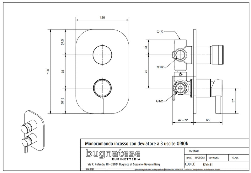 Technical Drawing for Bugnatese, Orion , Fal alatti 3 állású zuhanyváltó – Fürdő – 5631
