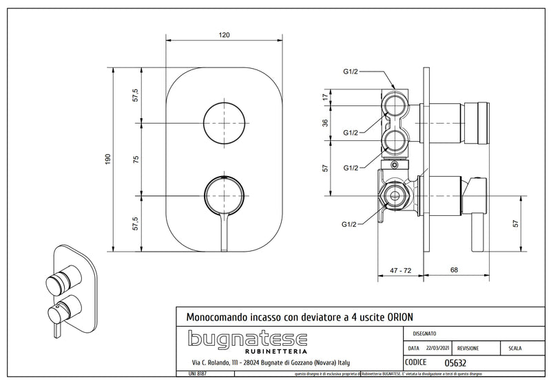 Technical Drawing for Bugnatese, Orion , Fal alatti 4 állású zuhanyváltó – Fürdő – 5632
