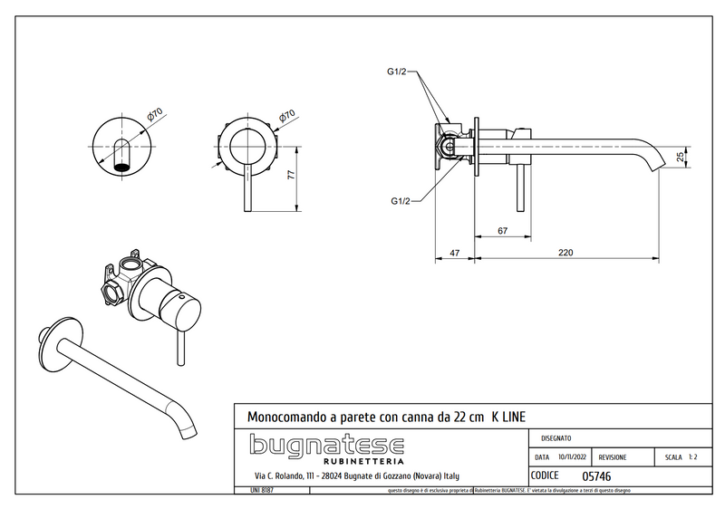 Technical Drawing for Bugnatese, K Line,Modern, Fal alatti mosdócsaptelep beépítő egységgel – Fürdő – 5746SC