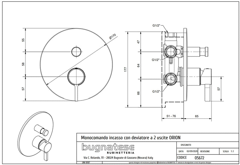Technical Drawing for Bugnatese, Orion , Fal alatti váltós zuhanycsaptelep– Fürdő – 5672