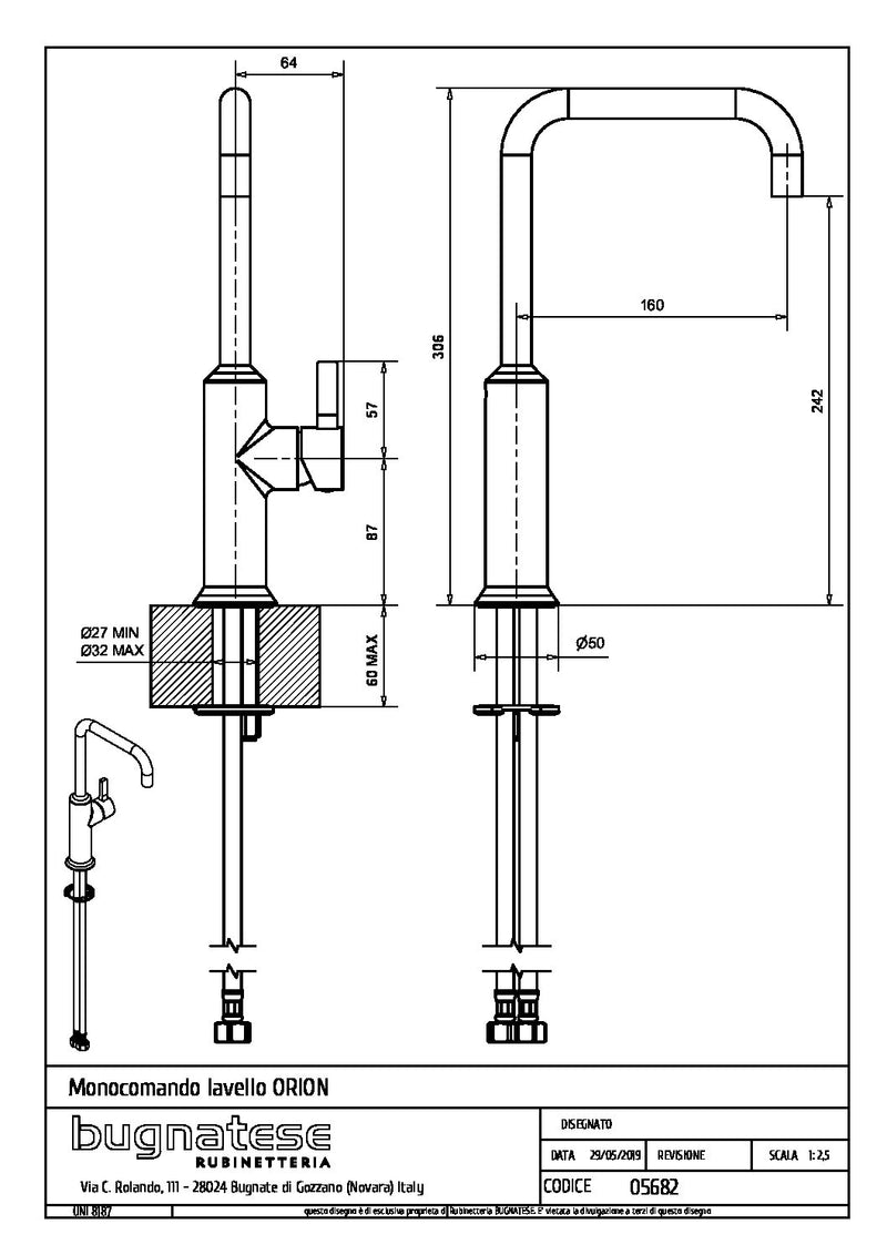 Technical Drawing for Bugnatese,Orion, Modern, Álló konyhai csaptelep leeresztővel – Konyha – 5682