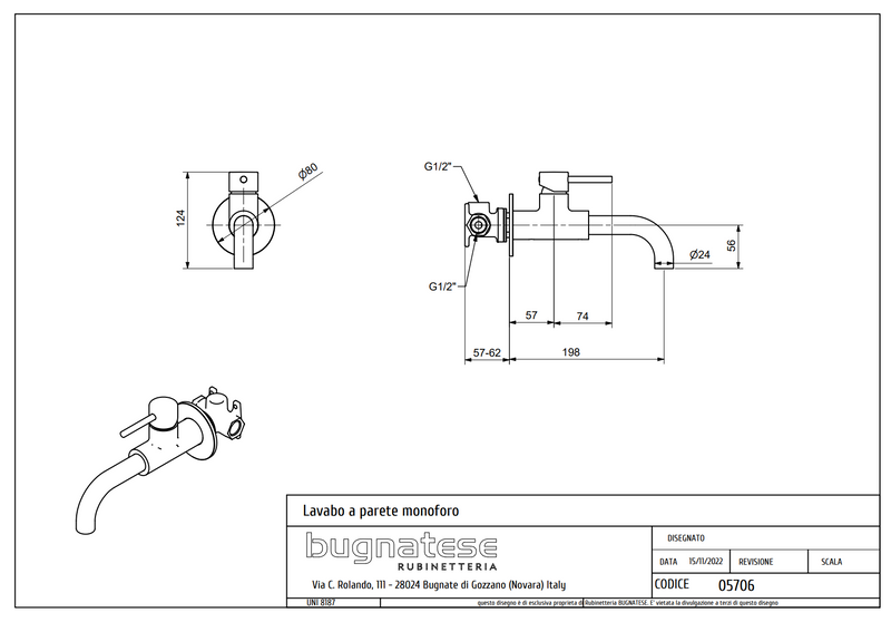 Technical Drawing for Bugnatese, KLINE, Modern, Fal alatti mosdócsaptelep beépítő egységgel – Fürdő – 5706