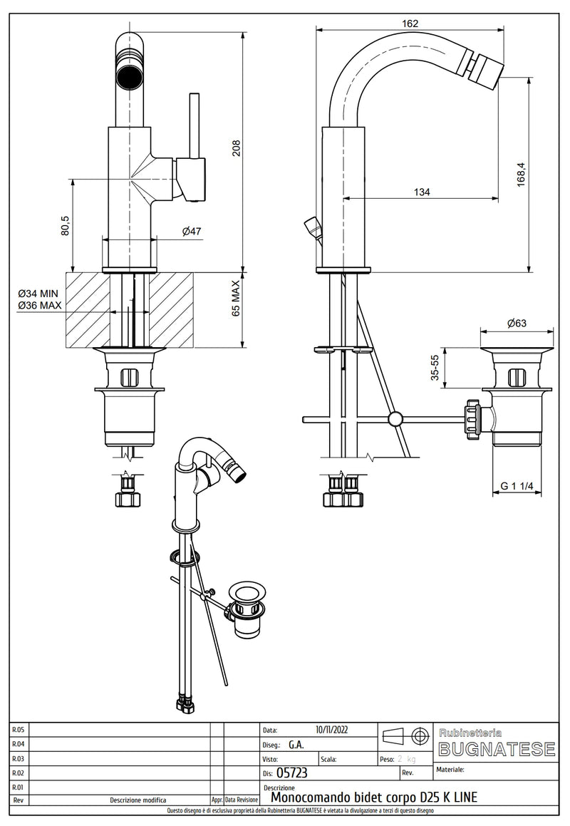 Technical Drawing for Bugnatese, Modern, KLINE Bidet csaptelep leeresztővel – Fürdő – 5723