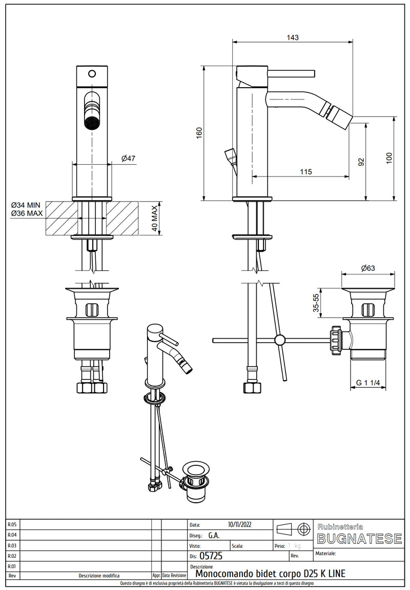 Technical Drawing for Bugnatese, Modern, KLINE Bidet csaptelep leeresztővel – Fürdő – 5725
