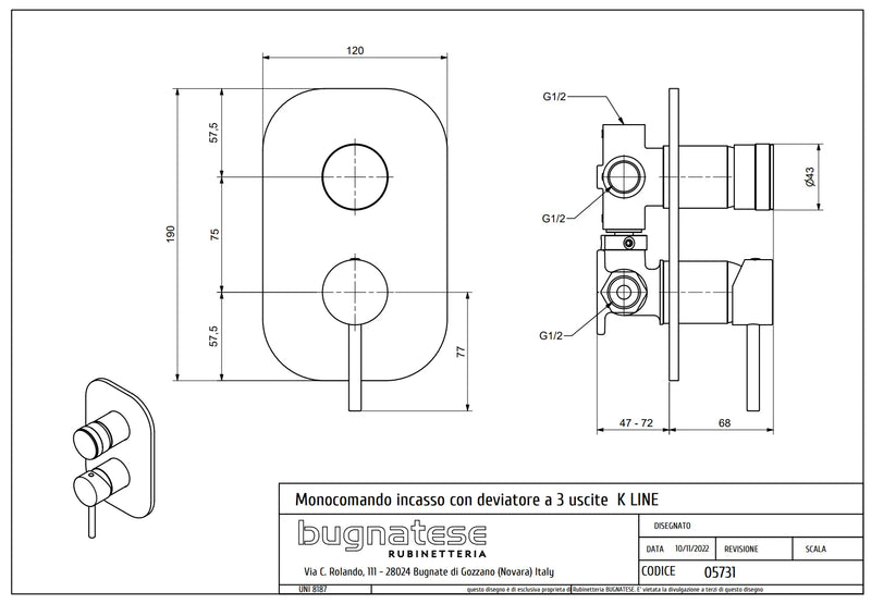 Technical Drawing for Bugnatese, Modern, KLINE Fal alatti 3 állású zuhanycsaptelep – Fürdő – 5731