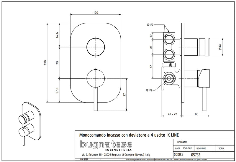 Technical Drawing for Bugnatese, Modern, KLINE Fal alatti 4 állású zuhanycsaptelep – Fürdő – 5732