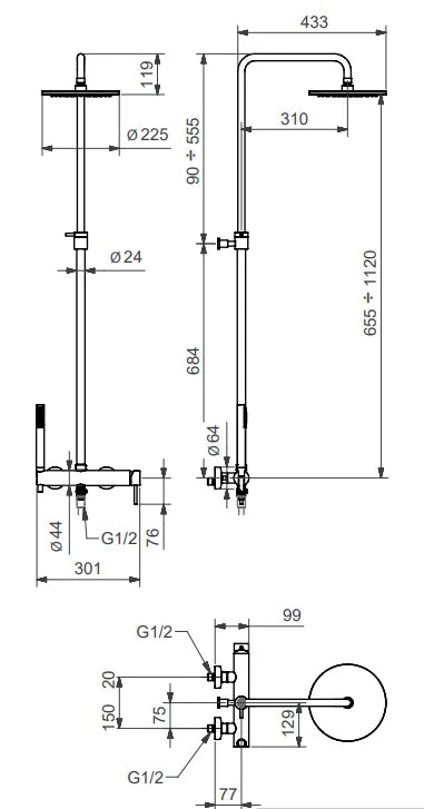 Technical Drawing for Bugnatese, Modern, KLINE Esőztető rendszer fej- és kézizuhannyal – Fürdő – 5742C