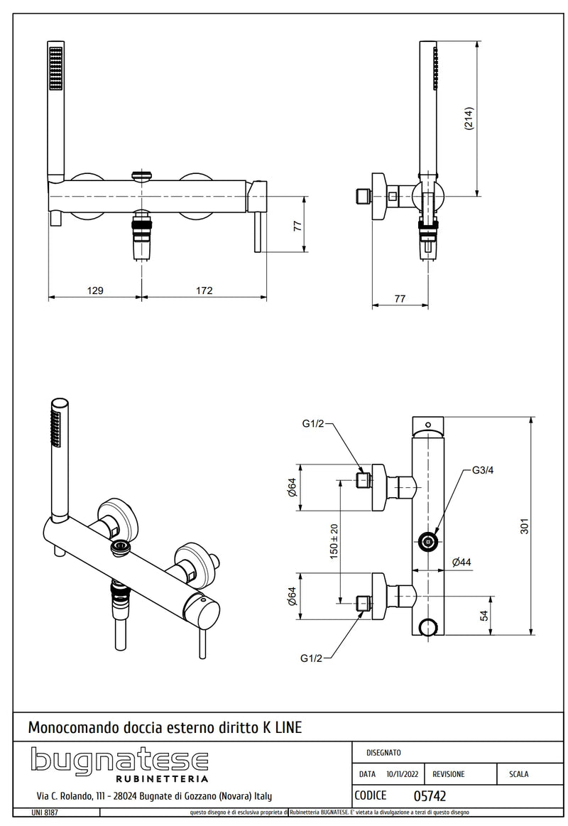 Technical Drawing for Bugnatese, Modern, KLINE Zuhanycsaptelep 3/4″ csatlakozással zuhanyszettel – Fürdő – 5742