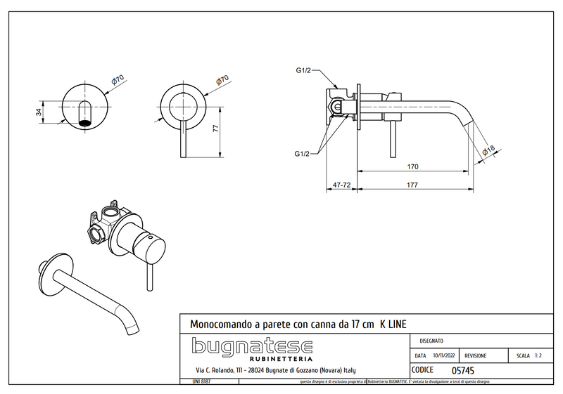 Technical Drawing for Bugnatese, KLINE,  Modern, Fal alatti mosdócsaptelep beépítő egységgel – Fürdő – 5745