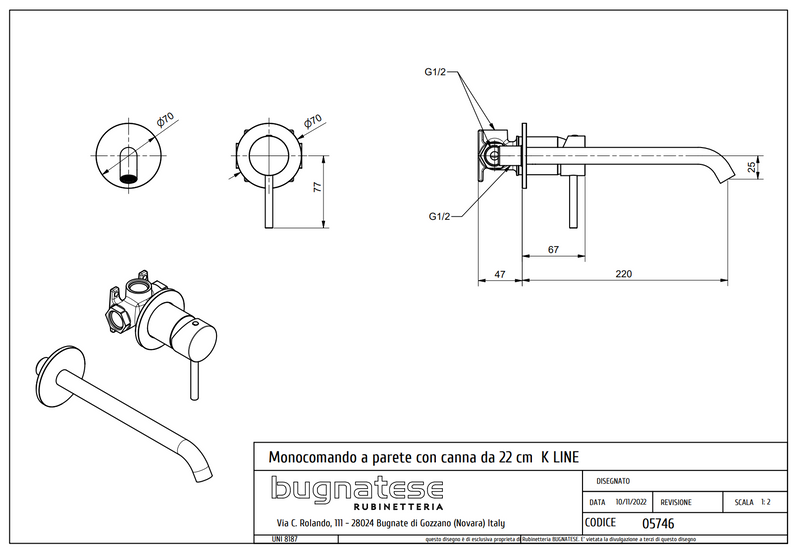 Technical Drawing for Bugnatese, K Line, Modern, Fal alatti mosdócsaptelep beépítő egységgel – Fürdő – 5746