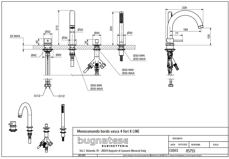 Technical Drawing for Bugnatese, Modern, KLINE Peremre szerelt 4 üléses kádcsaptelep – Fürdő – 5755