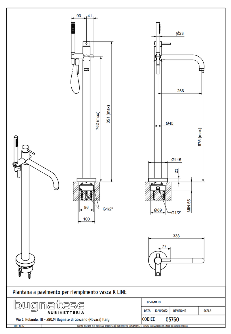 Technical Drawing for Bugnatese, Modern, Szabadonálló kádcsaptelep beépítő egységgel – Fürdő – 5760