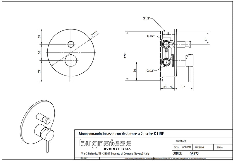 Technical Drawing for Bugnatese, Modern, KLINE Fal alatti váltós zuhanycsaptelep – Fürdő – 5772