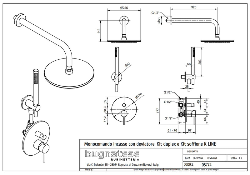 Technical Drawing for Bugnatese, Modern, KLINE Fal alatti zuhanycsaptelep kézizuhannyal és esőztetőfejjel – Fürdő – 5774