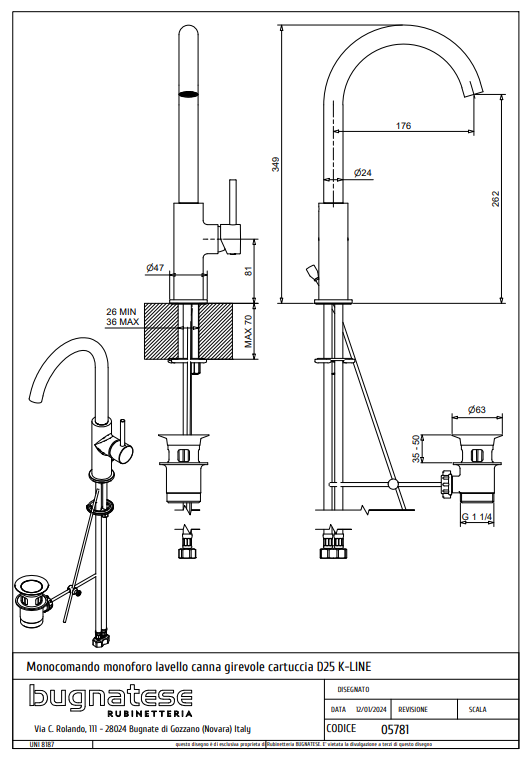 Technical Drawing for Bugnatese,KLINE Modern, Álló konyhai csaptelep leeresztővel – Konyha – 5781