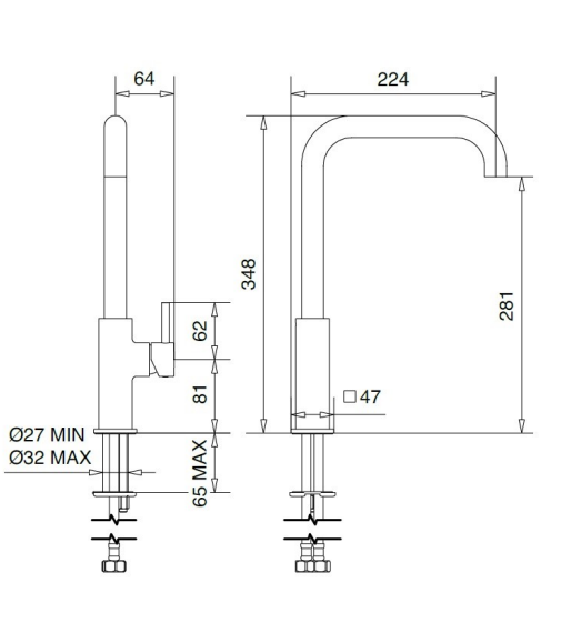 Technical Drawing for Bugnatese,KLINE, Modern, Álló konyhai csaptelep leeresztővel – Konyha – 5782