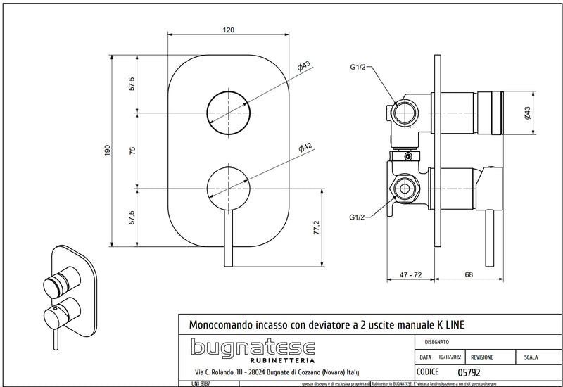 Technical Drawing for Bugnatese, Modern, KLINE Fal alatti váltós zuhanycsaptelep – Fürdő – 5792