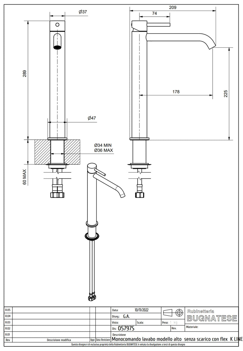 Technical Drawing for Bugnatese, Modern, KLINE Magas mosdócsaptelep klikk-klakk leeresztővel – Fürdő – 5797SC