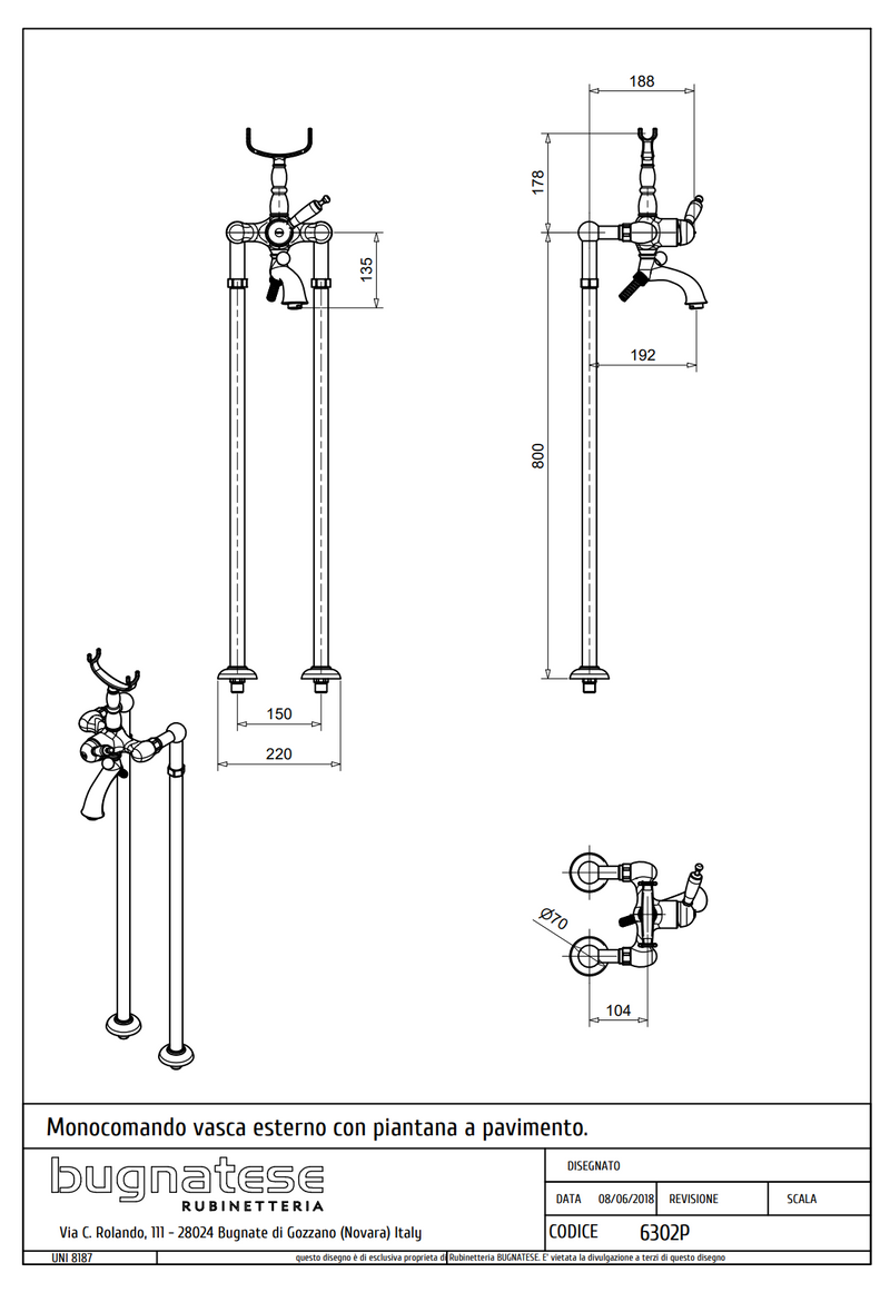 Technical Drawing for Bugnatese, Klasszikus, Szabadonálló kádcsaptelep – Fürdő – 6302P