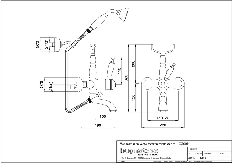 Technical Drawing for Bugnatese, Oxford Klasszikus, Termosztátos kádcsaptelep zuhanyszettel– Fürdő – 6303