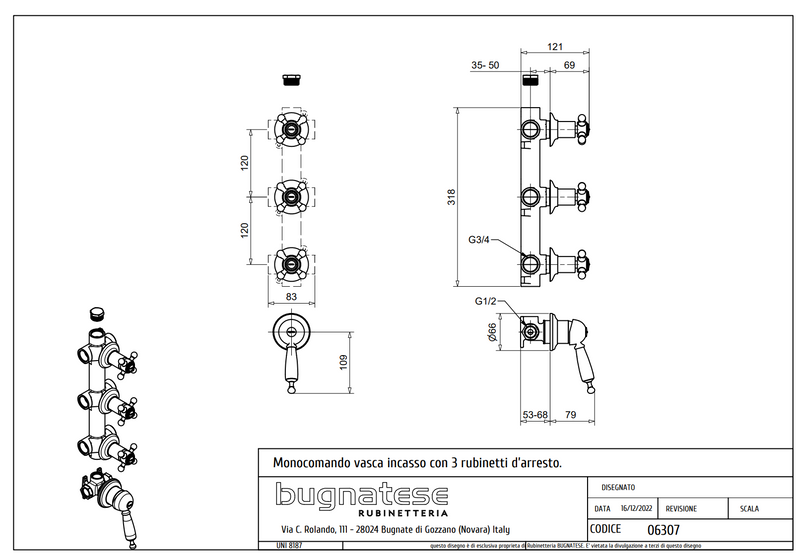 Technical Drawing for Bugnatese, Oxford Klasszikus, Fal alatti 3 állású zuhanycsaptelep _ Fürdő – 6307