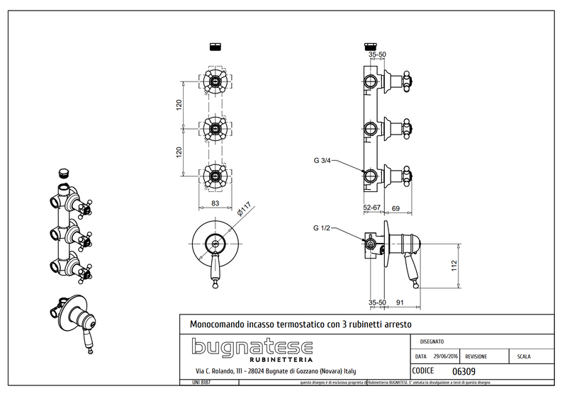 Technical Drawing for Bugnatese, Oxford Klasszikus, Termosztátos fal alatti 3 állású zuhanycsaptelep – Fürdő – 6309