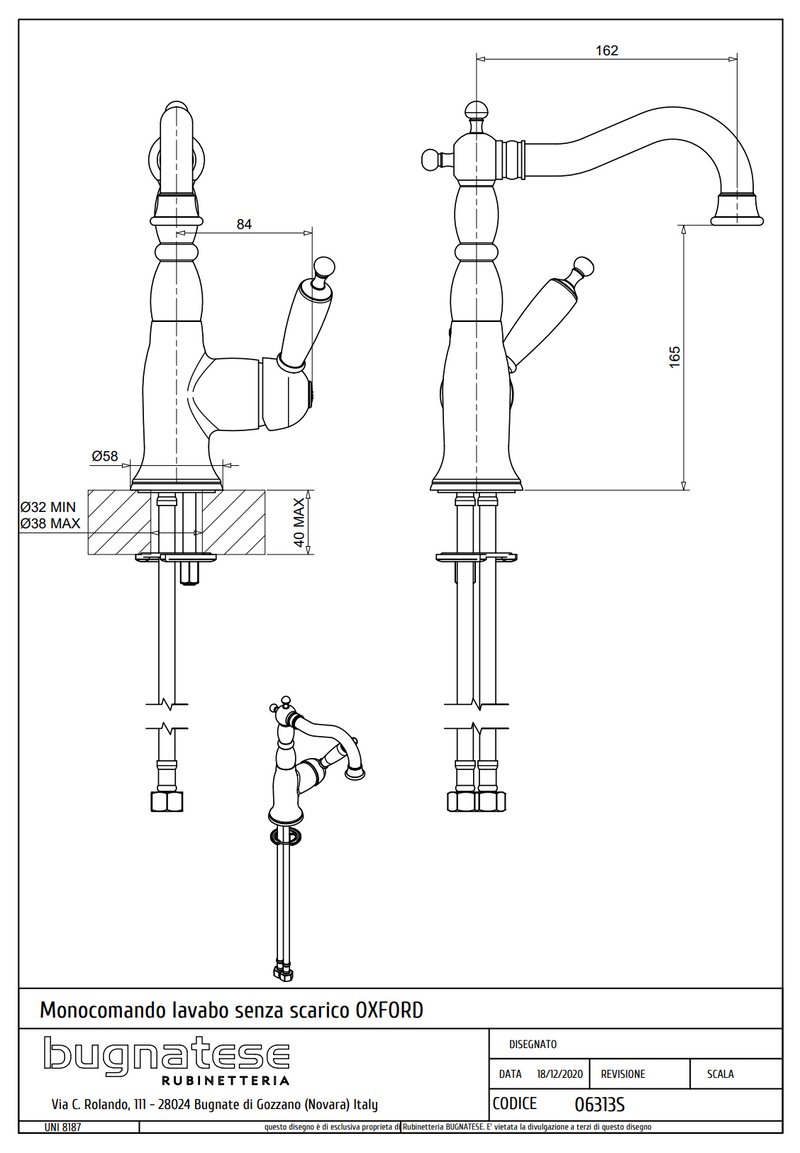 Technical Drawing for Bugnatese, Oxford Klasszikus, Mosdócsaptelep leeresztő nélkül– Fürdő – 6313S