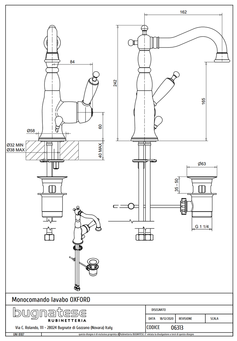 Technical Drawing for Bugnatese, Oxford Klasszikus, Mosdócsaptelep leeresztővel– Fürdő – 6313