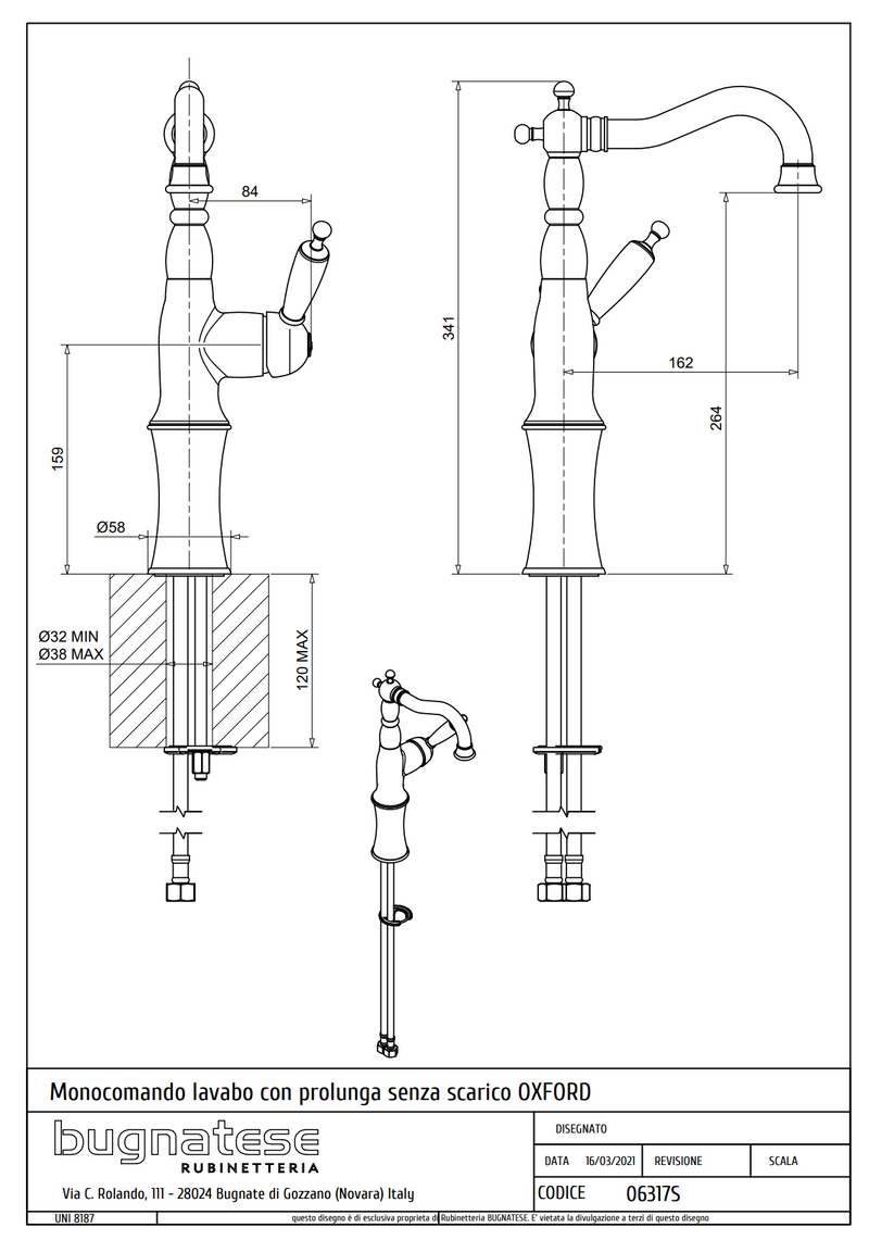 Technical Drawing for Bugnatese, Oxford Klasszikus, Magasított mosdócsaptelep klikk-klakk leeresztővel – Fürdő – 6317SC