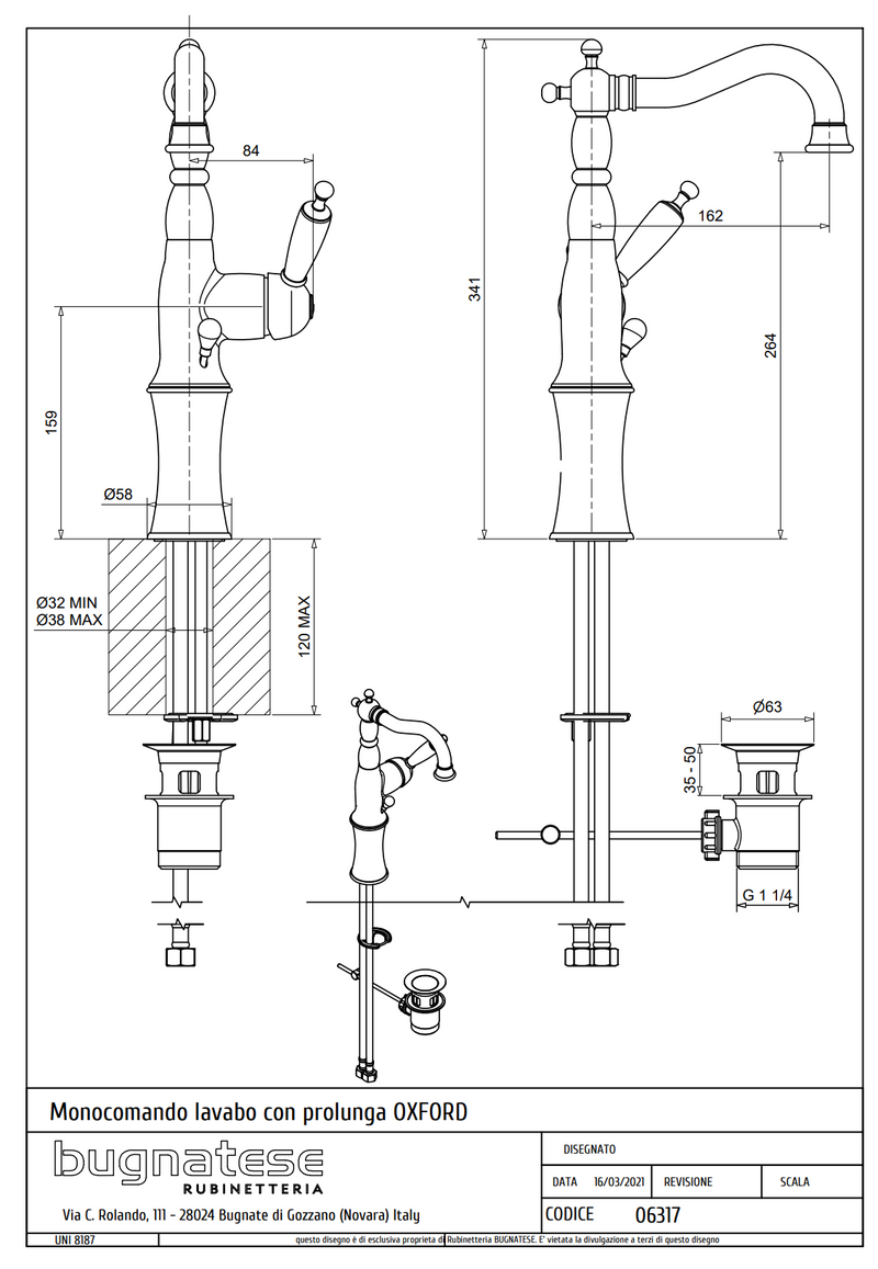 Technical Drawing for Bugnatese, Oxford Klasszikus, Magas mosdócsaptelep leeresztővel– Fürdő – 6317