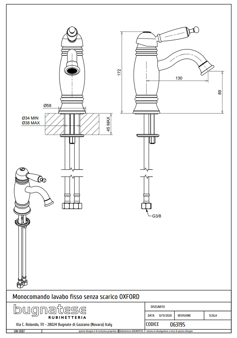Technical Drawing for Bugnatese, Oxford Klasszikus, Termosztátos mosdócsaptelep leeresztővel – Fürdő – 6362