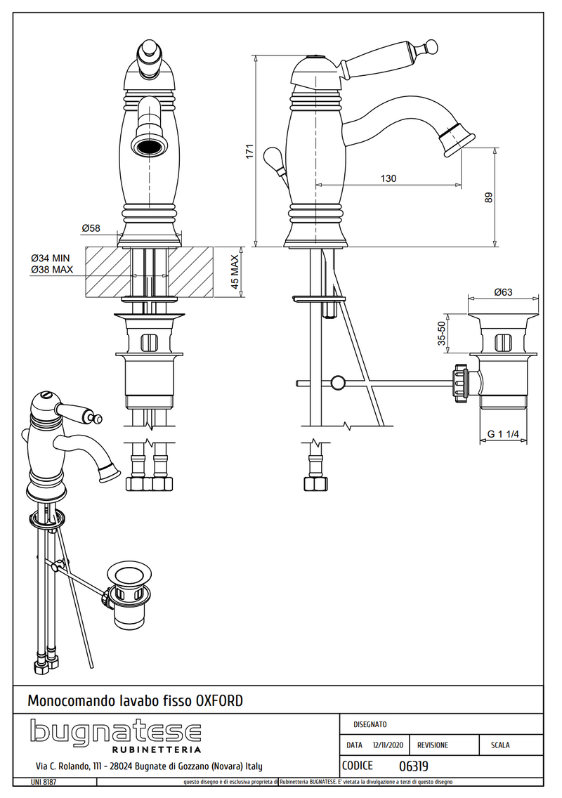 Technical Drawing for Bugnatese, Oxford Klasszikus,Mosdócsaptelep leeresztővel – Fürdő – 6319