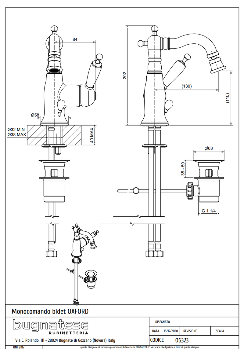 Technical Drawing for Bugnatese, Oxford Klasszikus,  Bidet csaptelep leeresztővel – Fürdő – 6323