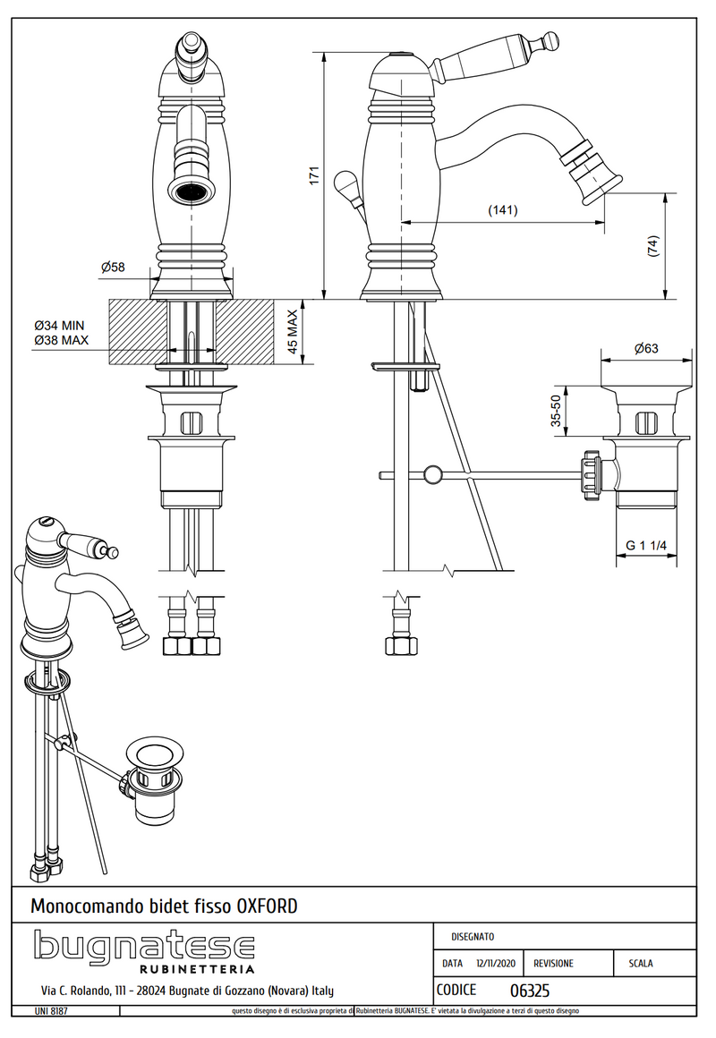 Technical Drawing for Bugnatese, Oxford Klasszikus, Bidet csaptelep leeresztővel– Fürdő – 6325