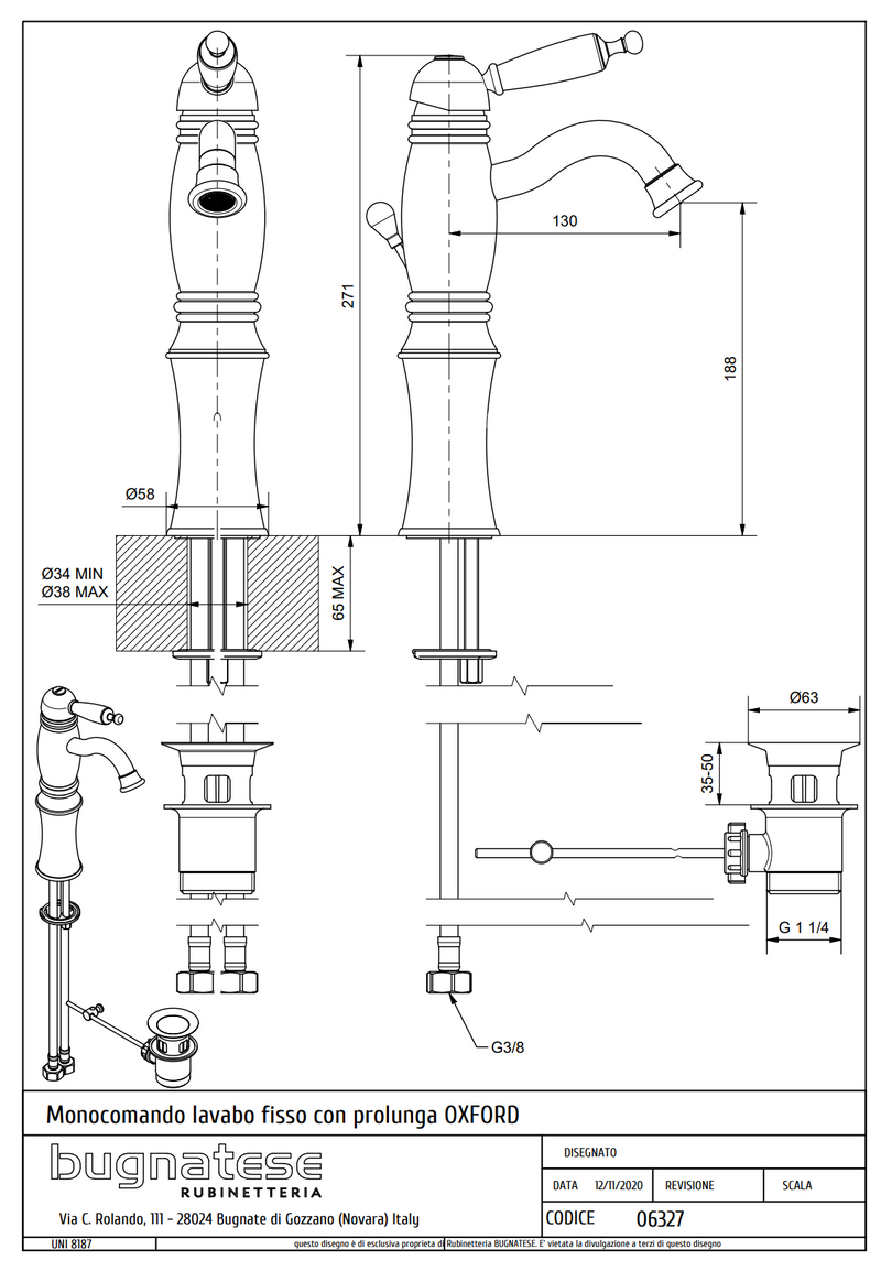 Technical Drawing for Bugnatese, Oxford Klasszikus,Magasított mosdócsaptelep leeresztővel – Fürdő – 6327