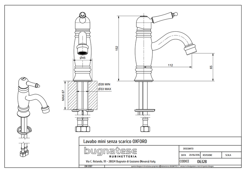 Technical Drawing for Bugnatese, Oxford Klasszikus, Mosdócsaptelep leeresztő nélkül – Fürdő – 6328