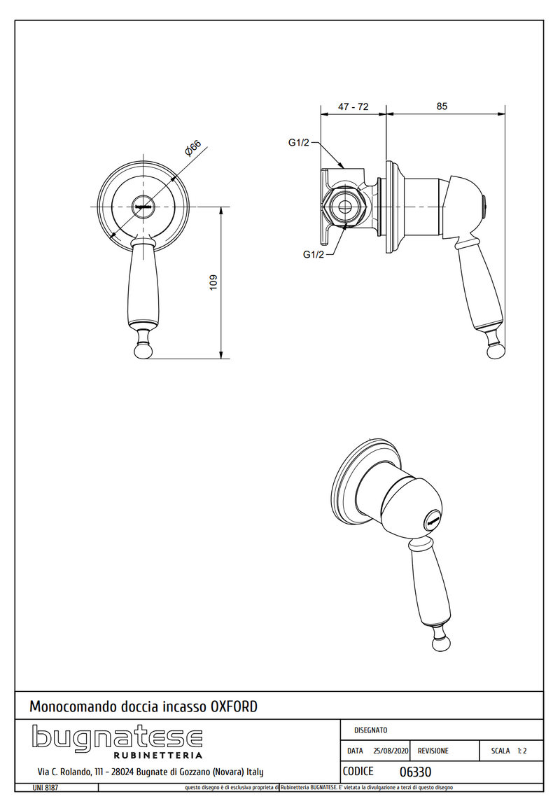 Technical Drawing for Bugnatese, Oxford Klasszikus, Fal alatti zuhanycsaptelep– Fürdő – 6330