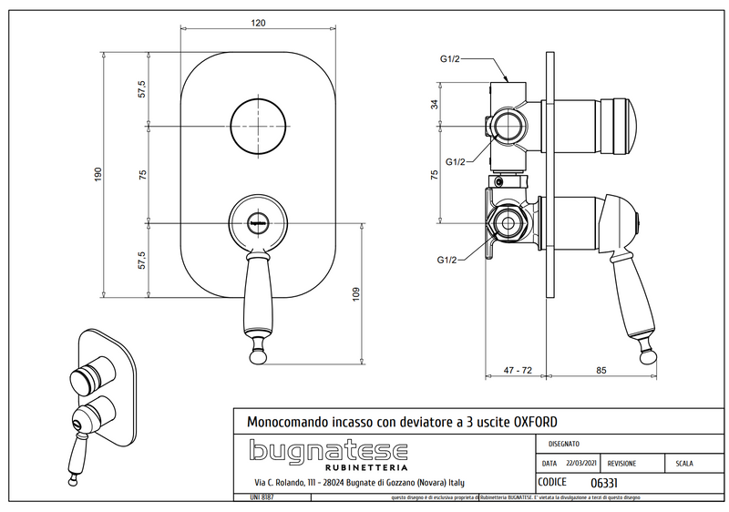 Technical Drawing for Bugnatese, Oxford Klasszikus, Fal alatti 3 állású zuhanycsaptelep– Fürdő – 6331