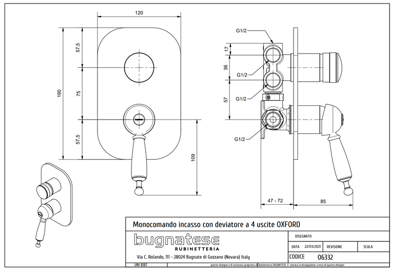 Technical Drawing for Bugnatese, Oxford Klasszikus, Fal alatti 4 állású zuhanycsaptelep– Fürdő – 6332