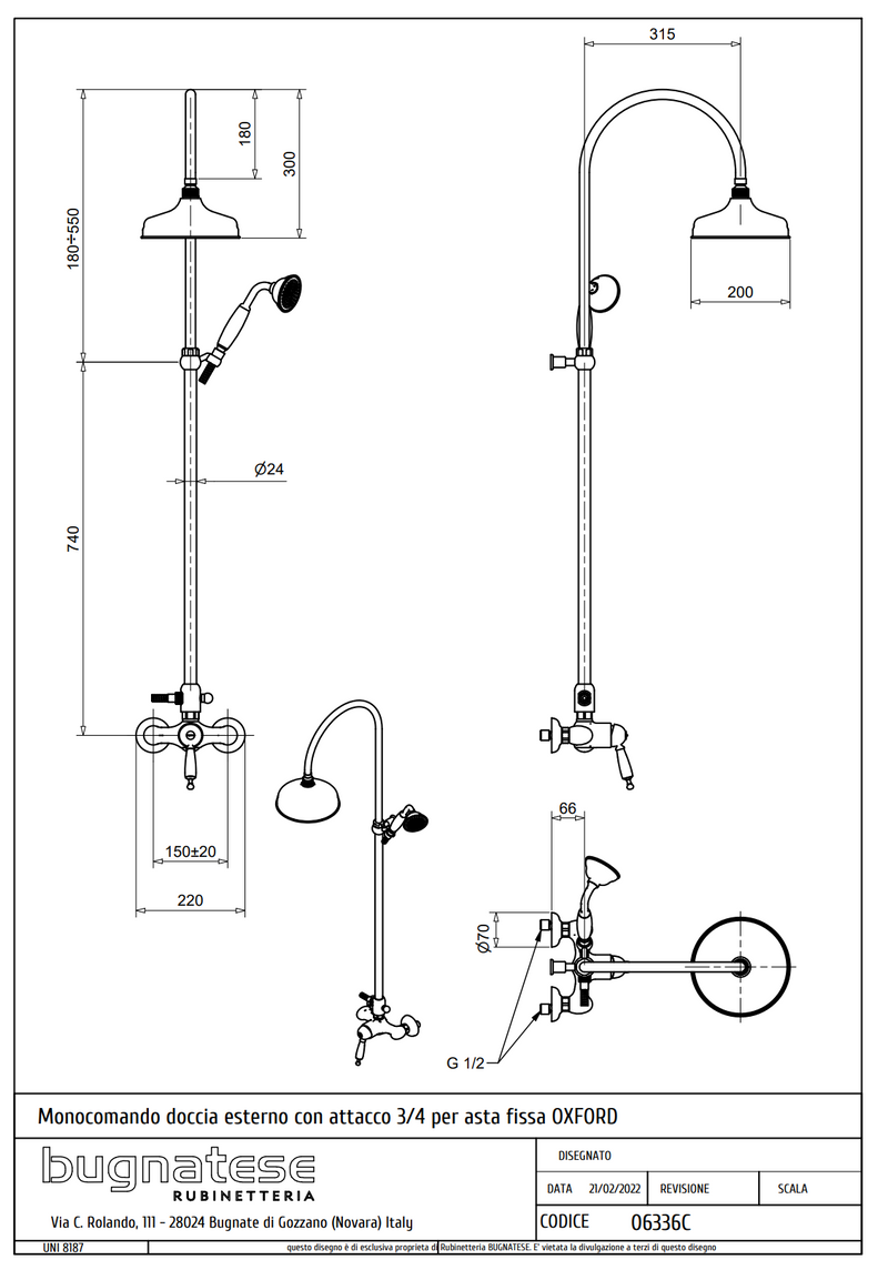 Technical Drawing for Bugnatese, Oxford Klasszikus, Esőztető rendszer fej- és kézizuhannyal - Fürdő – 6336C