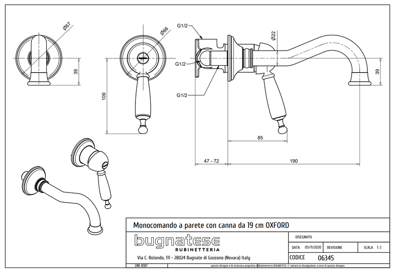 Technical Drawing for Bugnatese,Oxford,Klasszikus, Fal alatti mosdócsaptelep beépítő egységgel – Fürdő – 6345SC