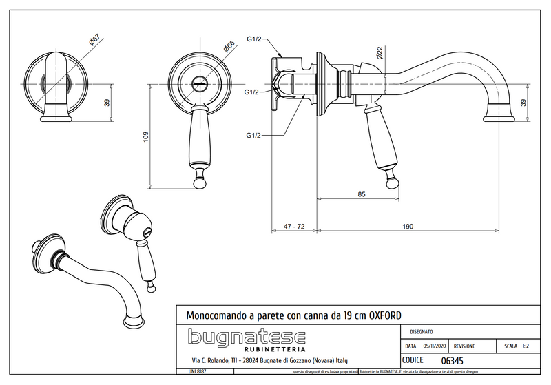 Technical Drawing for Bugnatese, Oxford Klasszikus, Fal alatti mosdócsaptelep beépítő egységgel – Fürdő – 6345