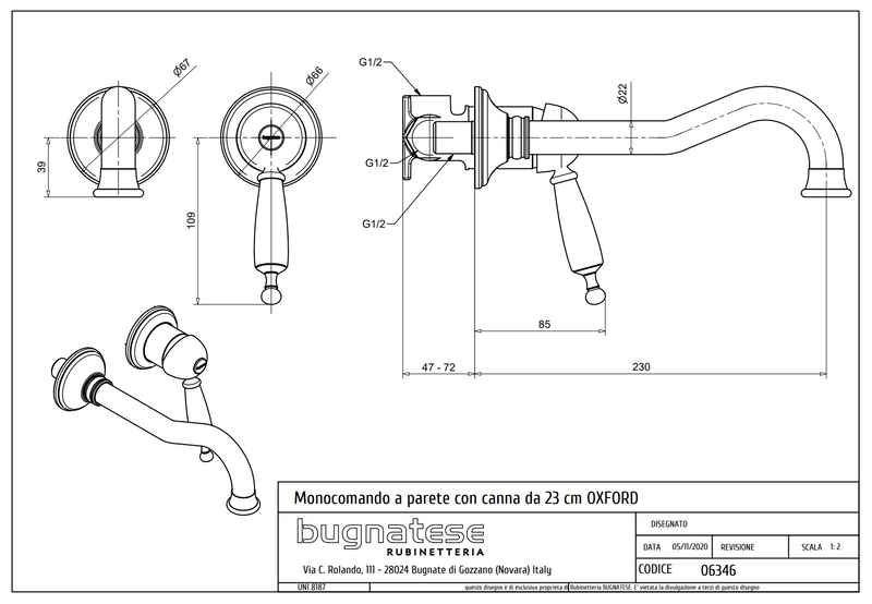 Technical Drawing for Bugnatese, Oxford, Klasszikus, Fal alatti mosdócsaptelep beépítő egységgel – Fürdő – 6346