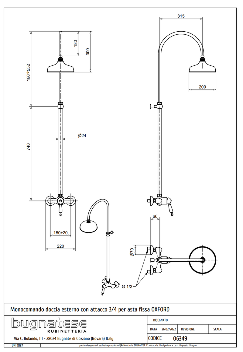 Technical Drawing for Bugnatese, Oxford Klasszikus, Esőztető rendszer fejzuhannyal - Fürdő – 6349