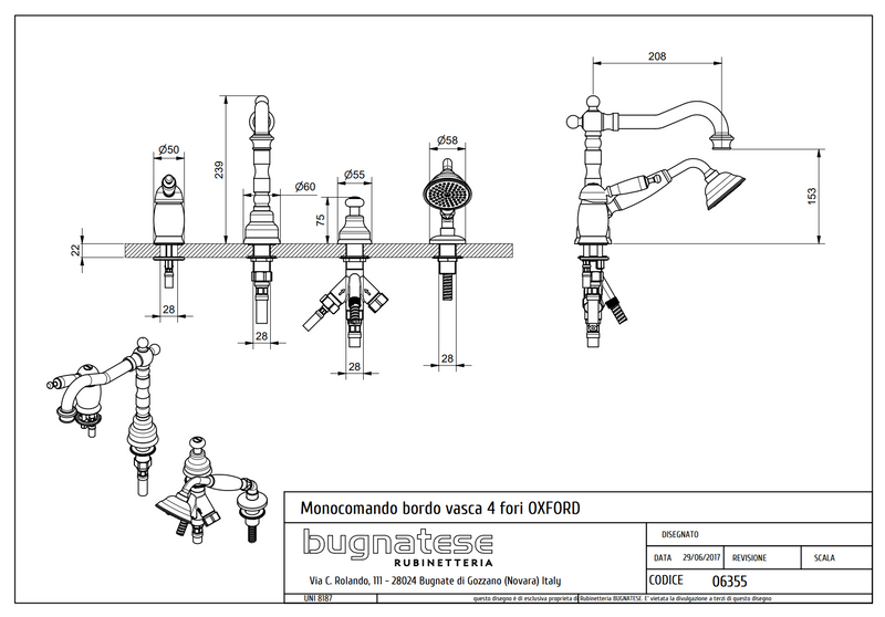 Technical Drawing for Bugnatese, Oxford Klasszikus, Peremre szerelt 4 üléses kádcsaptelep– Fürdő – 6355