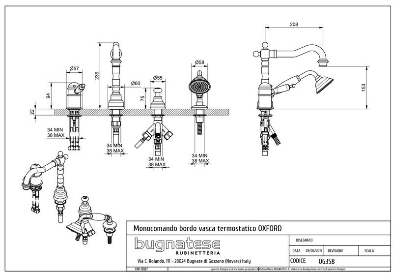 Technical Drawing for Bugnatese, Oxford Klasszikus, Peremre szerelt termosztátos 4 üléses kádcsaptelep– Fürdő – 6358