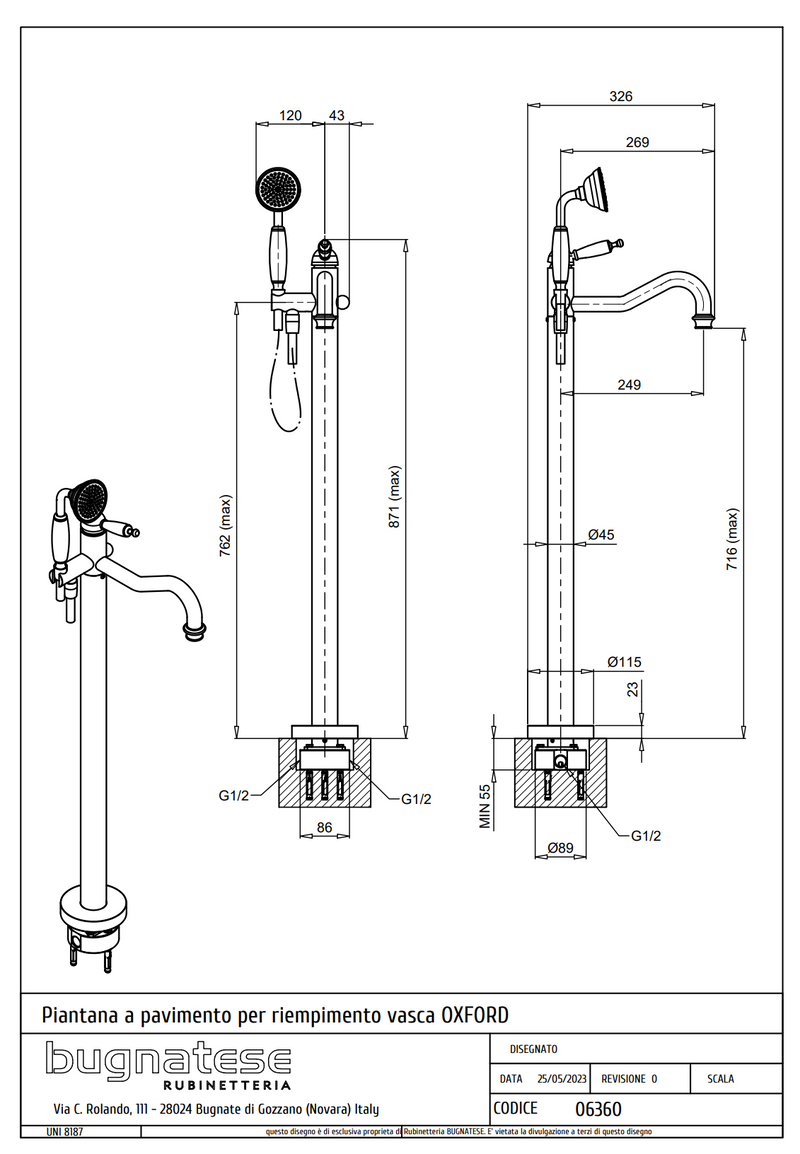 Technical Drawing for Bugnatese, Klasszikus, Szabadonálló kádcsaptelep beépítő egységgel – Fürdő – 6360